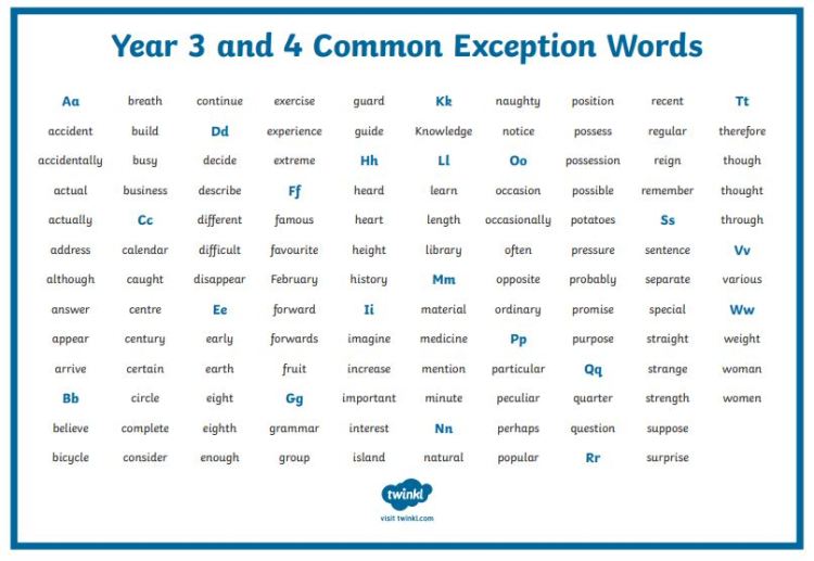Spellings â Common exception words â Holbrook Primary Year 3